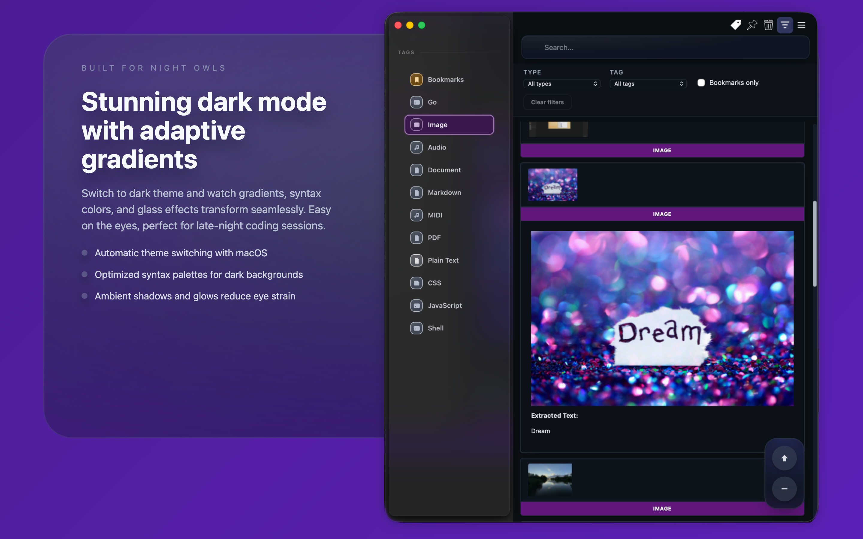 Clip Log™ dark mode interface